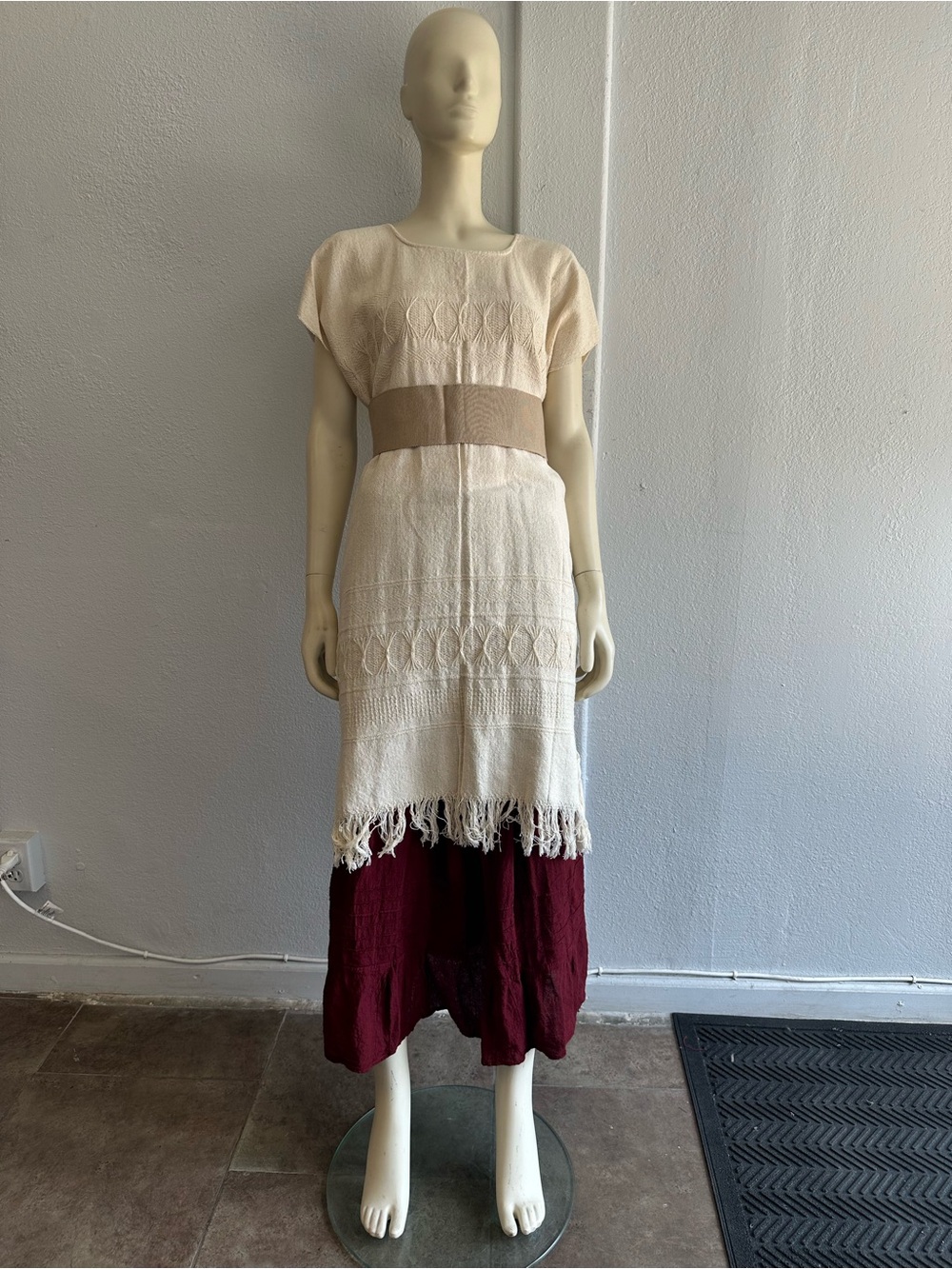 Cream Knit Midi Dress with Tan Waistband and Burgundy Slip Dress